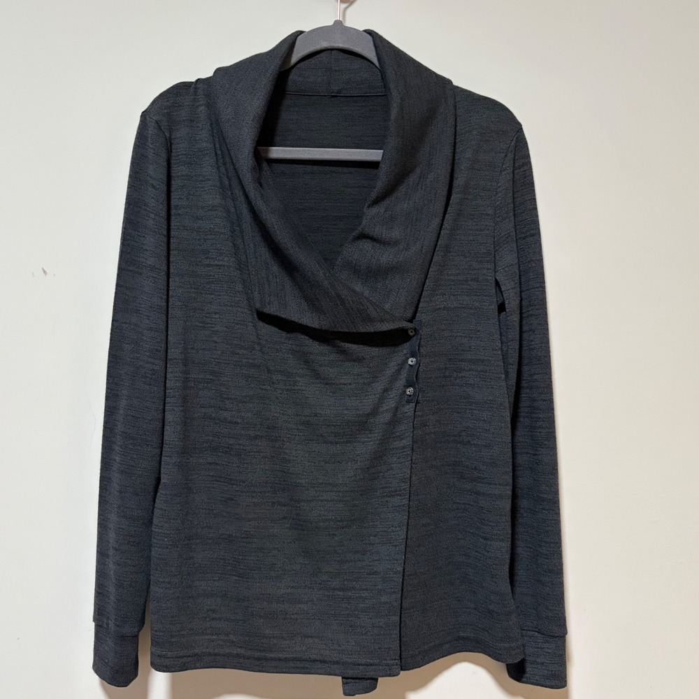 Lucy Womens Charcoal Gray Space Dye Asymmetrical Button Wrap Cardigan Sweater